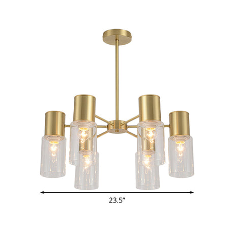 Postmodern Clear Glass Cylinder Chandelier Kit With 6/8/10 Brass Hanging Lamps