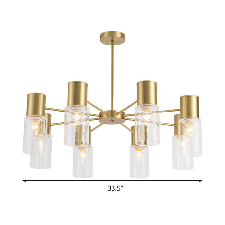 Postmodern Clear Glass Cylinder Chandelier Kit With 6/8/10 Brass Hanging Lamps