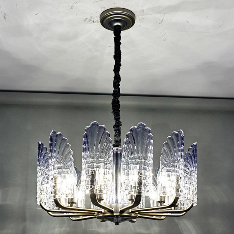 Contemporary Textured Glass Scallop Chandelier Light Fixture - 8/10/12 Black Heads Hanging Ceiling