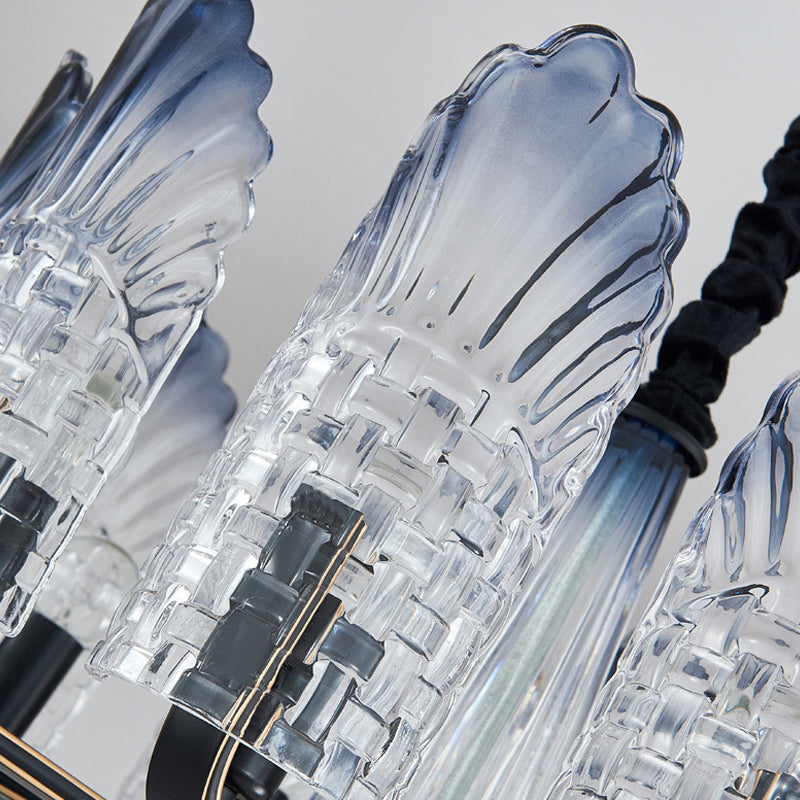 Contemporary Textured Glass Scallop Chandelier Light Fixture - 8/10/12 Black Heads Hanging Ceiling