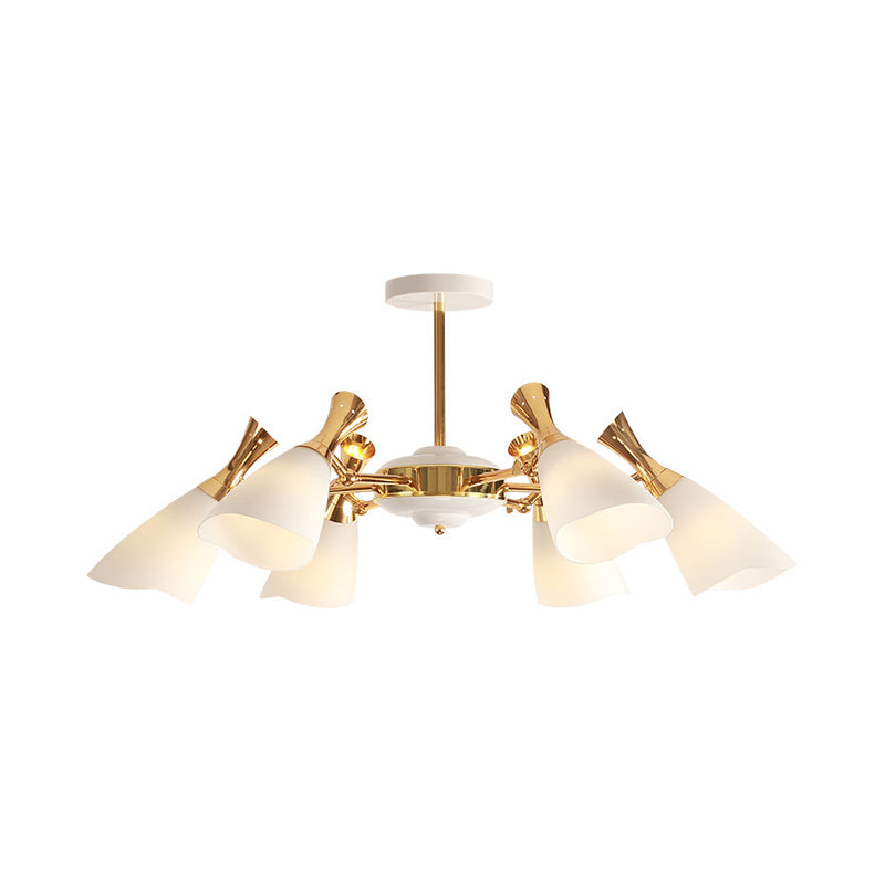 Modern Cone Frosted Glass Hanging Lamp: 6/8 Lights Gold Chandelier Fixture In Warm/White Light