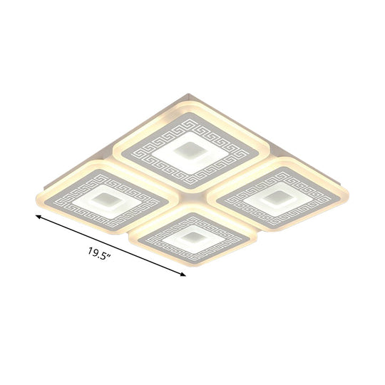 Modern Square Flushmount Acrylic Ceiling Light Fixture - 4 Heads White 19.5’/23.5’ Wide