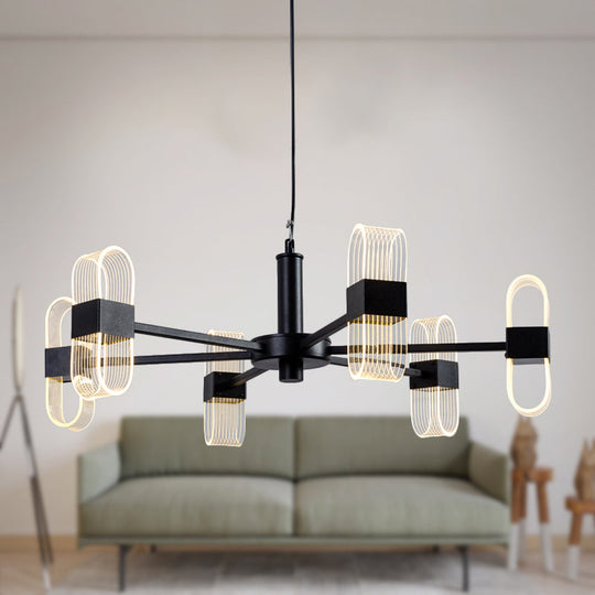 Modern Oval Chandelier Light - Acrylic 6/8/12 Heads Living Room Hanging Lamp With Black Rod