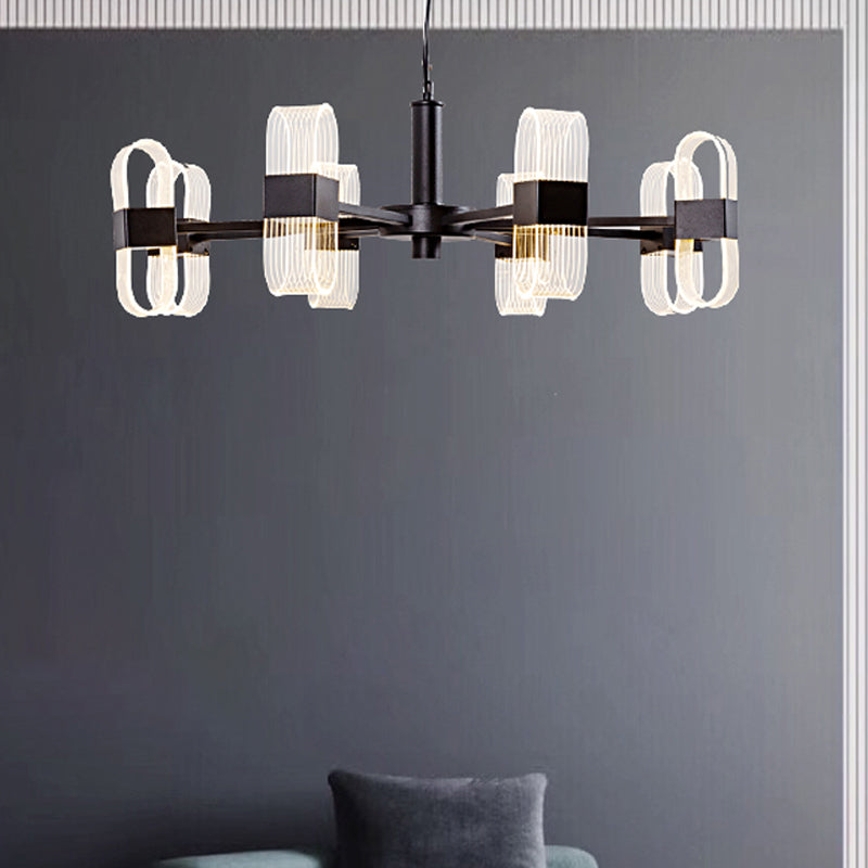 Oval Chandelier With Acrylic Heads And Black Rod For Modern Living Room - Available In Warm/White