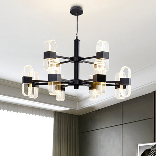 Modern Oval Chandelier Light - Acrylic 6/8/12 Heads Living Room Hanging Lamp With Black Rod