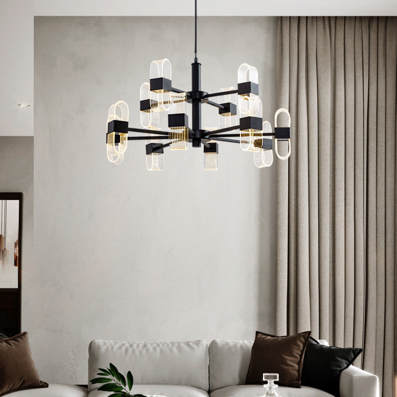 Oval Chandelier With Acrylic Heads And Black Rod For Modern Living Room - Available In Warm/White