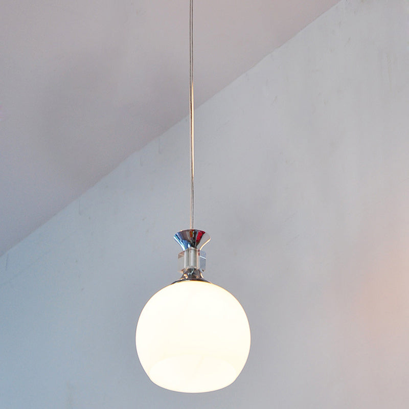Globe Dining Room Pendant Light In Chrome With White Glass Shade - Modern Suspension Fixture