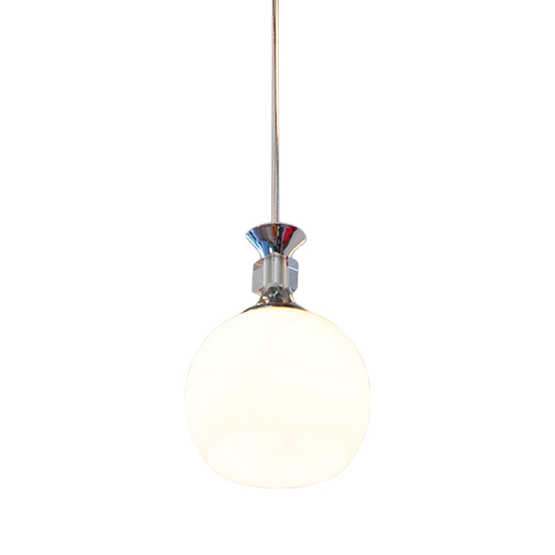 Globe Dining Room Pendant Light In Chrome With White Glass Shade - Modern Suspension Fixture