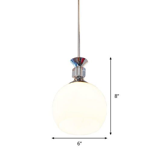 Globe Dining Room Pendant Light In Chrome With White Glass Shade - Modern Suspension Fixture