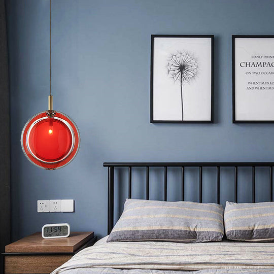 Macaron Red Glass Hanging Lamp: Sleek Round Pendant For Bedroom Includes 1 Light - Easy Installation