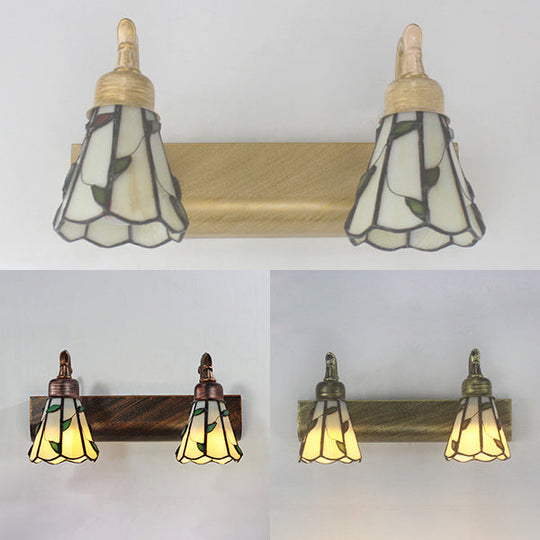 Rustic Cone Wall Light With Leaf Design 2-Light Stained Glass Sconce Lamp In Bronze - Ideal For