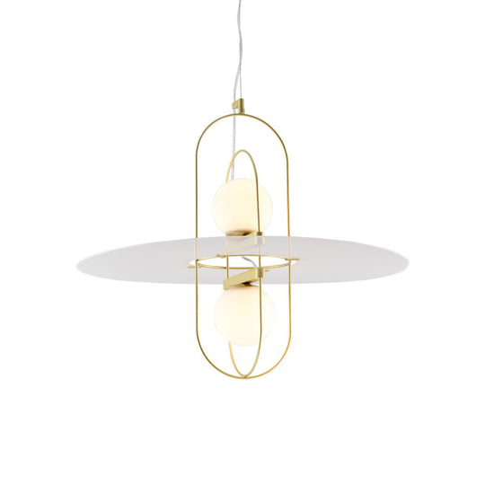 Designer Style White Glass Orb Chandelier: Elegant 2-Light Kitchen Hanging Lamp With Oval Frame