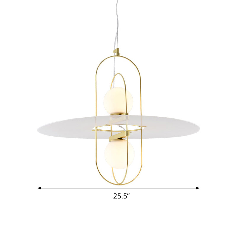 Designer Style White Glass Orb Chandelier: Elegant 2-Light Kitchen Hanging Lamp With Oval Frame