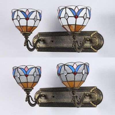 Vintage Stained Glass Sconce Light With 2 Heads For Bathroom Vanity - White/Clear Bedroom Lighting