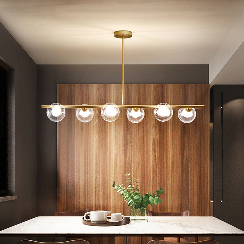 Linear Island Light Fixture Nordic Metal 6 Heads Gold Hanging Lamp With Globe Clear Glass Shade