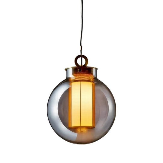 Smoke Gray Glass Nordic Globe Pendant Light With White Inner Cylinder Shade For Bedroom