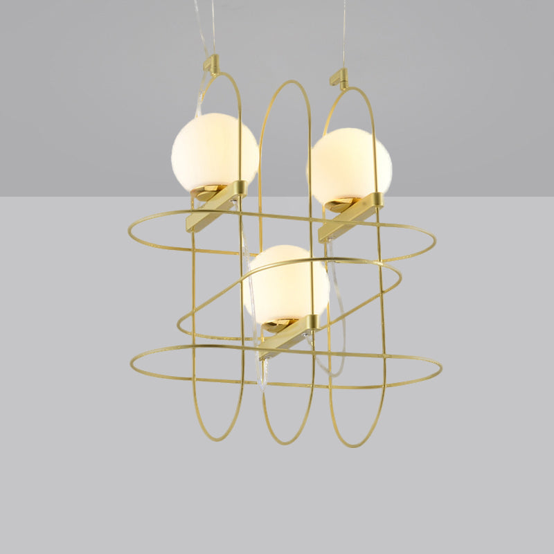Modern Gold 3-Head Chandelier Light With Oval Metal Frame And Opal Glass Shade