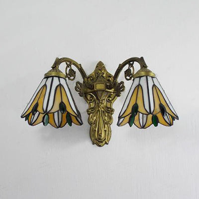 Vintage Blue/Beige Floral Stained Glass Wall Mount Light With 2 Bulbs - Antique Brass Bedroom