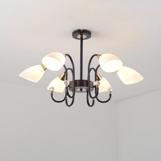 Rustic Black Iron Chandelier With Frosted Glass Shades - Hanging Ceiling Light Curve Arm 6/8/10