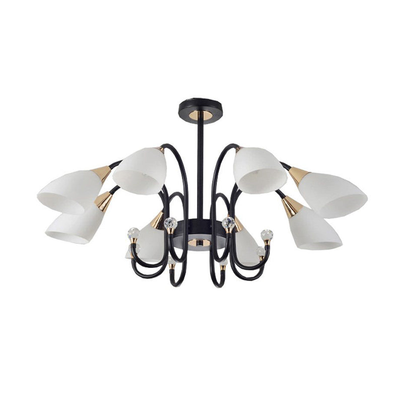 Rustic Black Iron Chandelier With Frosted Glass Shades - Hanging Ceiling Light Curve Arm 6/8/10