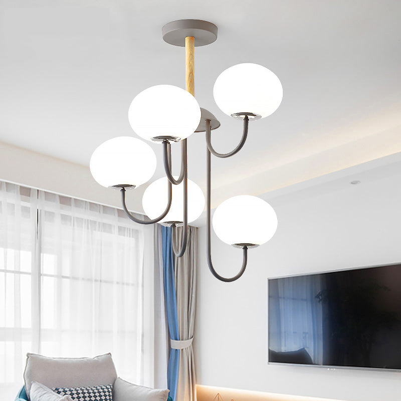 Nordic Style Gray/Green Chandelier Light Fixture With Dome White Glass Shade - 3/5 Lights Living