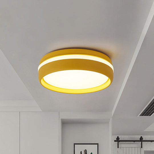 Metal Circular Flush Light Contemporary Led Ceiling Lamp In Pink/Yellow/Blue With Warm/White