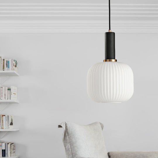 Macaron Black/Pink/Blue Pendant Dining Room Light With White Glass Shade - 5/8/12 Wide