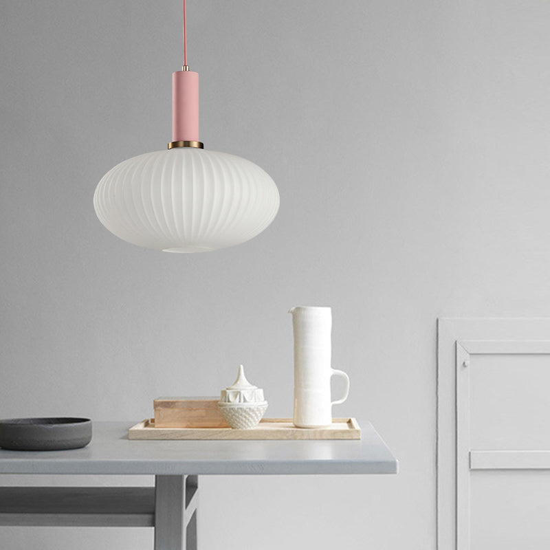 Macaron Black/Pink/Blue Pendant Dining Room Light With White Glass Shade - 5/8/12 Wide
