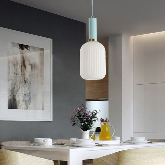Macaron Black/Pink/Blue Pendant Dining Room Light With White Glass Shade - 5/8/12 Wide