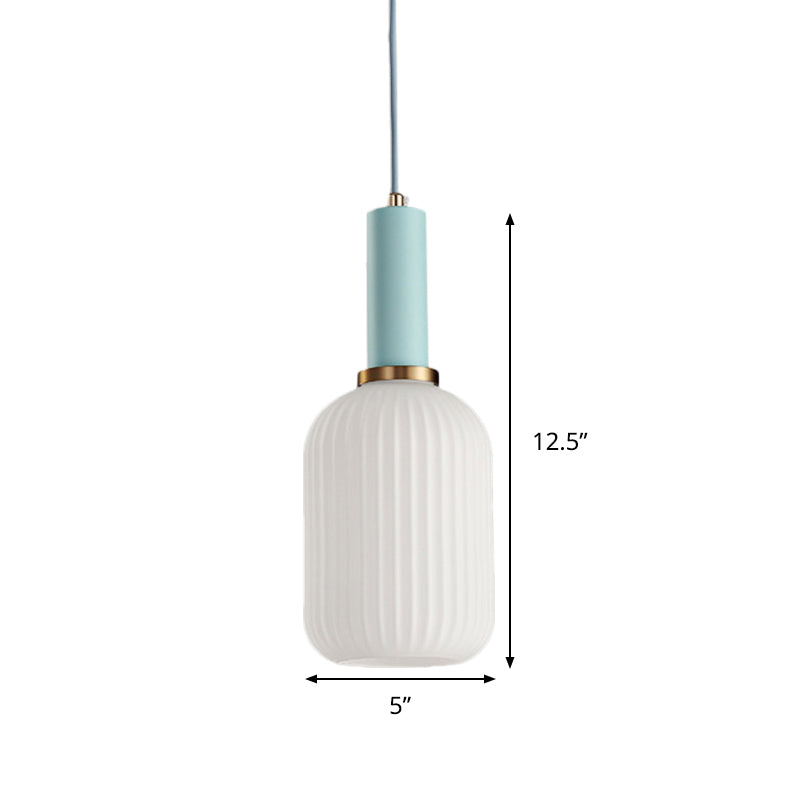 Macaron Pendant Light: Black/Pink/Blue Cylinder/Oval/Drum White Glass Shade 5’/8’/12’ Wide