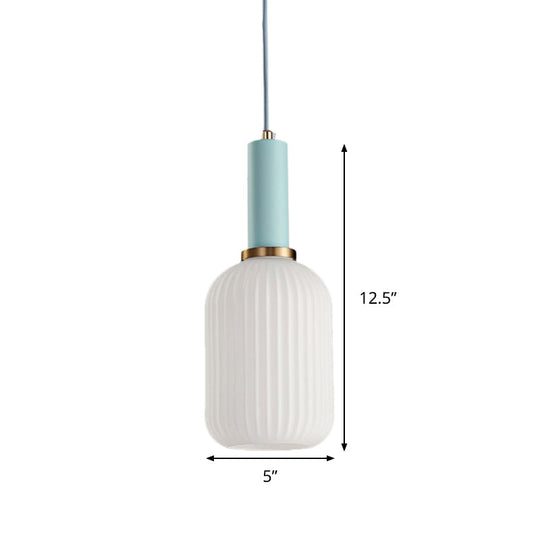 Macaron Pendant Light: Black/Pink/Blue Cylinder/Oval/Drum White Glass Shade 5’/8’/12’ Wide