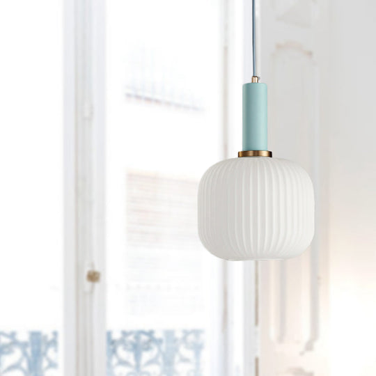 Macaron Black/Pink/Blue Pendant Dining Room Light With White Glass Shade - 5/8/12 Wide