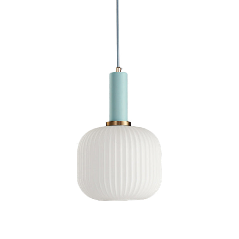 Macaron Pendant Light: Black/Pink/Blue Cylinder/Oval/Drum White Glass Shade 5’/8’/12’ Wide