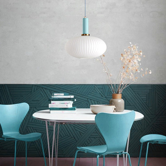 Macaron Black/Pink/Blue Pendant Dining Room Light With White Glass Shade - 5/8/12 Wide