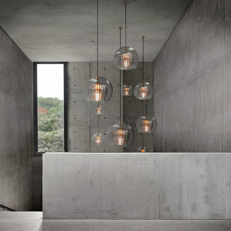 Globe Clear Glass Stairway Pendant Lighting - Nordic Hanging Lamp Kit 1 Head 6’/8’/10’ Wide