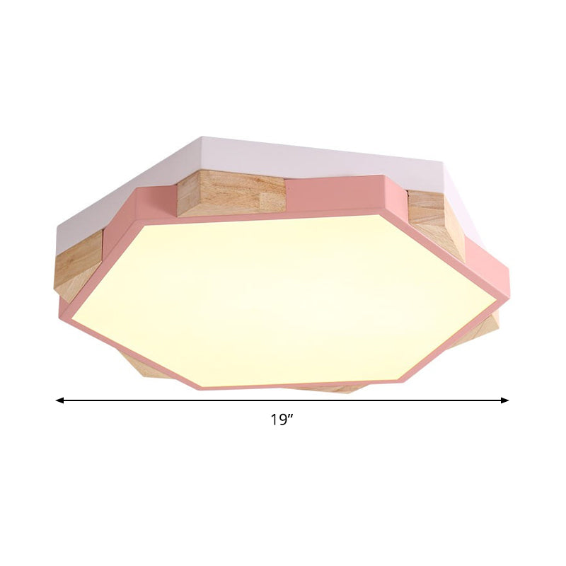 Hexagon Led Flushmount Ceiling Lamp In Pink/Yellow/Blue With Metal Shade Warm/White Light