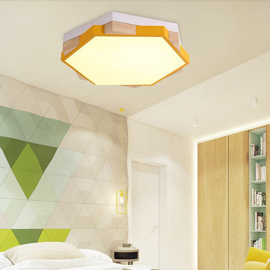 Hexagon Led Flushmount Ceiling Lamp In Pink/Yellow/Blue With Metal Shade Warm/White Light