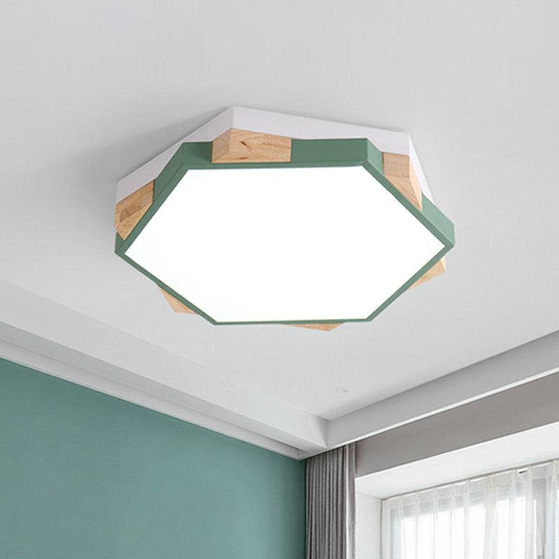 Hexagon Led Flushmount Ceiling Lamp In Pink/Yellow/Blue With Metal Shade Warm/White Light Green /