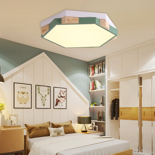 Hexagon Led Flushmount Ceiling Lamp In Pink/Yellow/Blue With Metal Shade Warm/White Light Green /