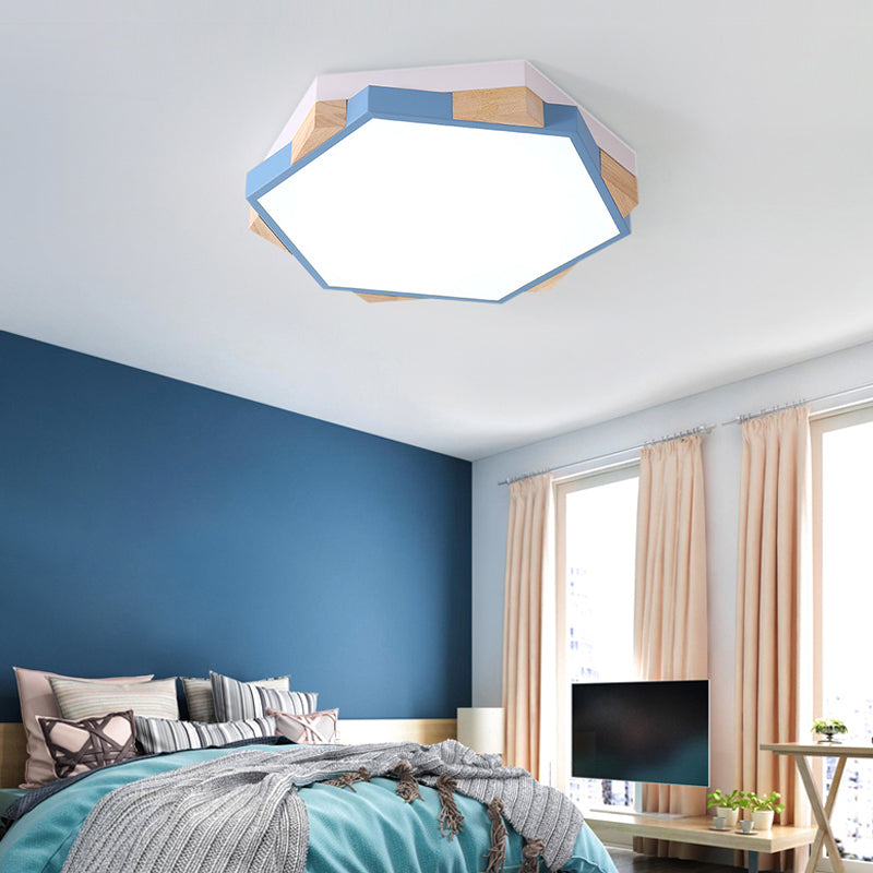 Hexagon Led Flushmount Ceiling Lamp In Pink/Yellow/Blue With Metal Shade Warm/White Light