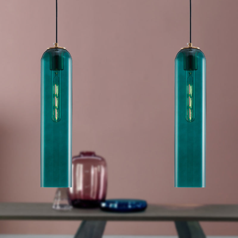 Nordic Green Glass Tubular Pendant Light - Stylish Ceiling Hanging Lamp For Bedroom