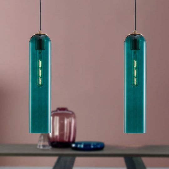 Nordic Green Glass Tubular Pendant Light - Stylish Ceiling Hanging Lamp For Bedroom