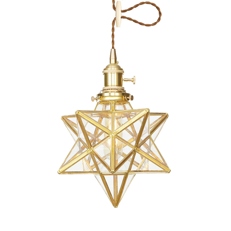 Postmodern Star Shaped Pendant Light Kit - Brass 1 With Clear/Frosted Glass And Adjustable Rope