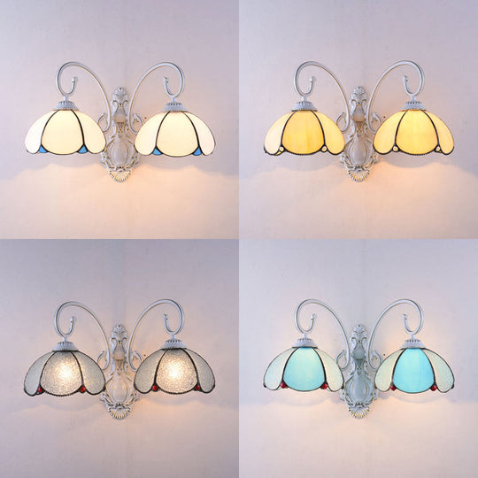 Scalloped Stained Glass Wall Light With Curved Arm - 2 Lights Traditional Sconce In