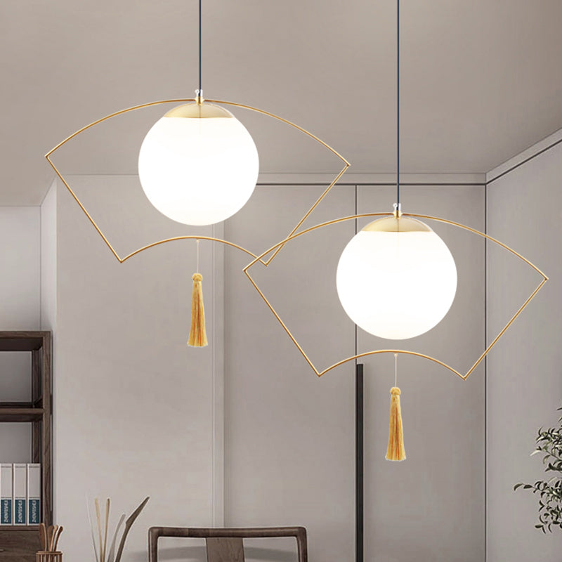 Modern Milk Glass Pendant Light With Gold Metal Frame For Bedroom Ceiling
