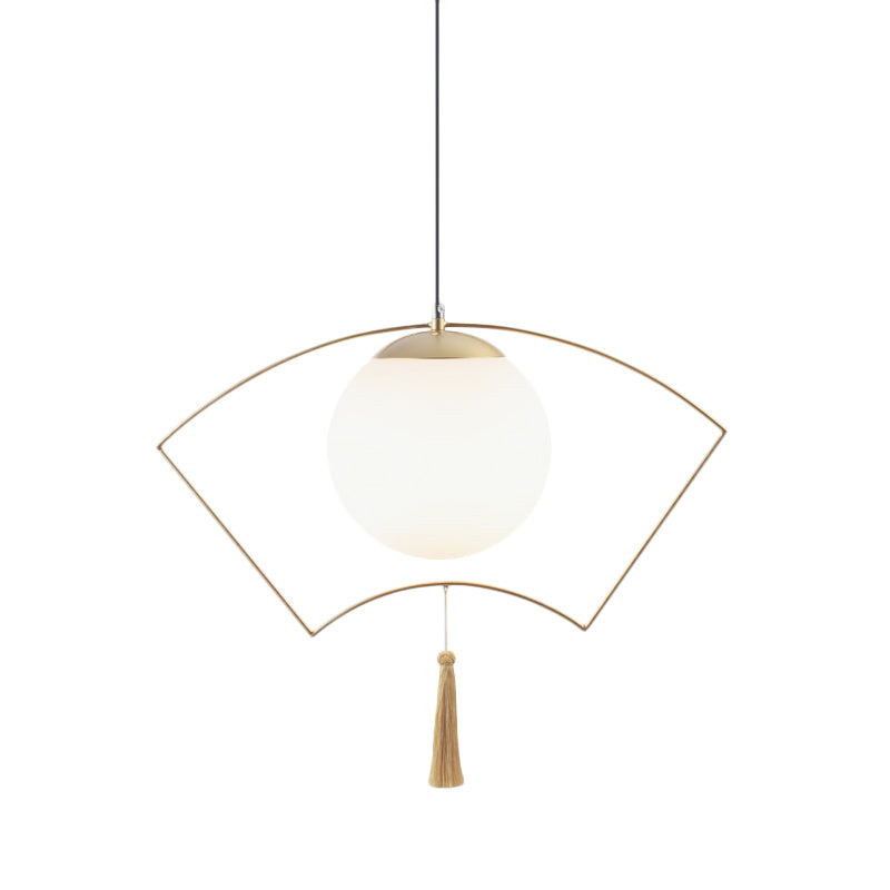 Modernist Milk Glass Globe Pendant Light With Gold Metal Frame - Bedroom Ceiling Hanging Fixture