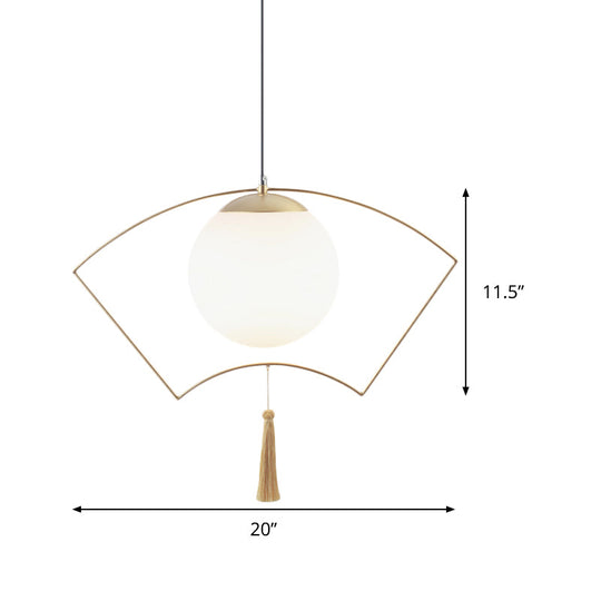 Modernist Milk Glass Globe Pendant Light With Gold Metal Frame - Bedroom Ceiling Hanging Fixture