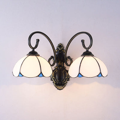 Lodge Style Floral Wall Lamp - Stained Glass & Metal 2-Head Bedroom Light (White/Clear/Blue/Beige)