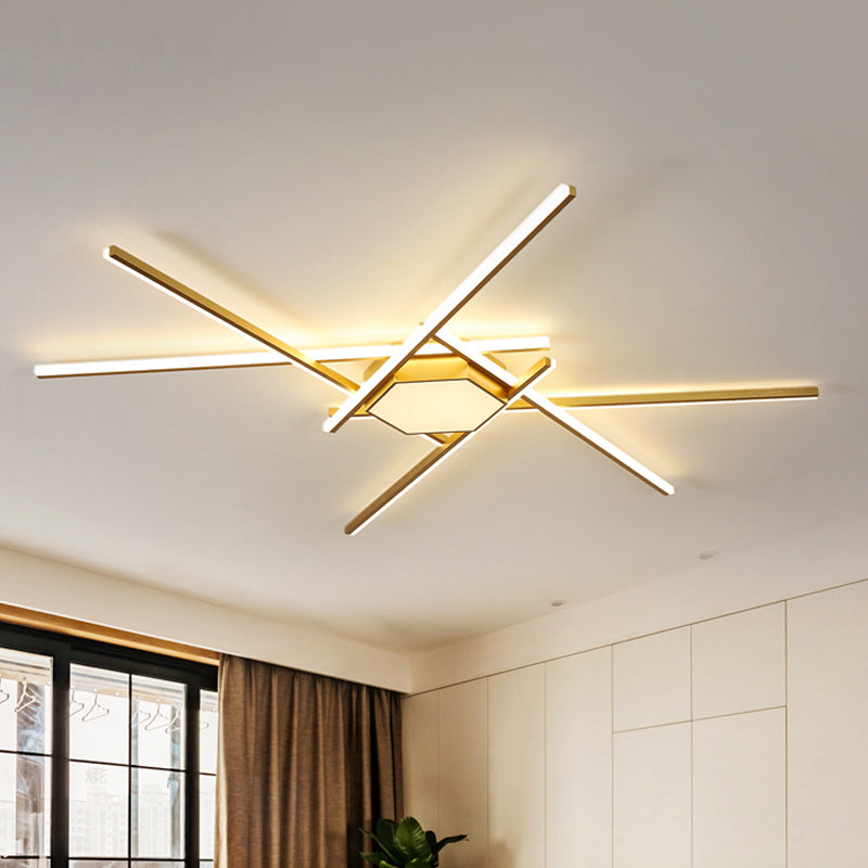 Modern Gold Led Ceiling Mounted Flush Mount Lamp With Acrylic Shade - 69/82.5W Linear / 69 Hexagon