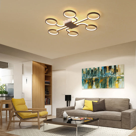Contemporary Acrylic Led Ceiling Lamp - Flush Mount 4/5-Head Dark Coffee Warm/White Light 19.5/39 W